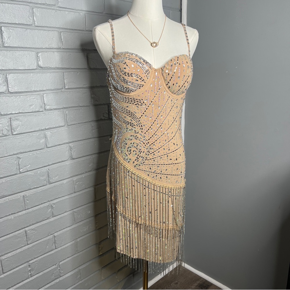 Banjul Nude Rhinestone Sparkly Fringe Layer Midi Sleeveless Dress Size Large